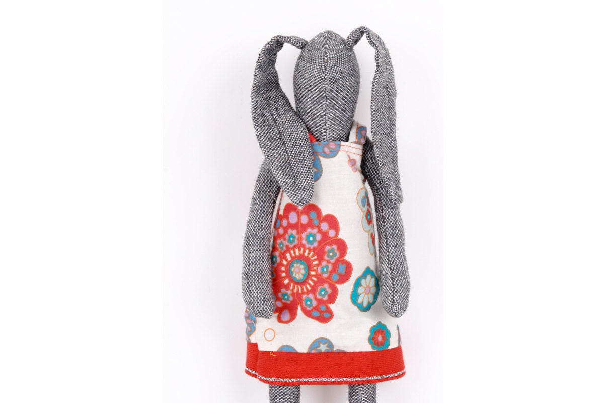 plush gray woolen bunny doll Wearing Retro floral dress in red and Blue - handmade doll