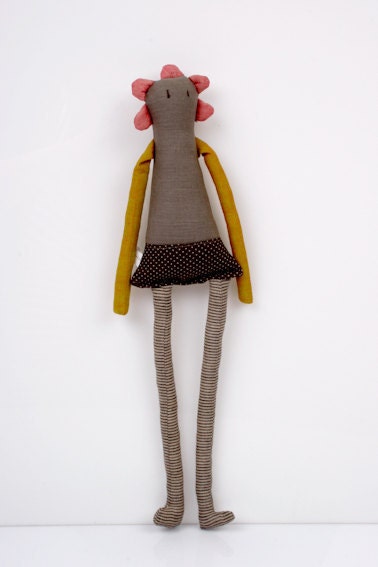 Spring Limited Edition - Flower Doll in Pink, mustard yellow, brown, gray , Dotted and striped handmade doll