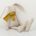 Little Easter bunny , dressed for spring in beige striped shirt and mustard scarf - handmade fabric doll