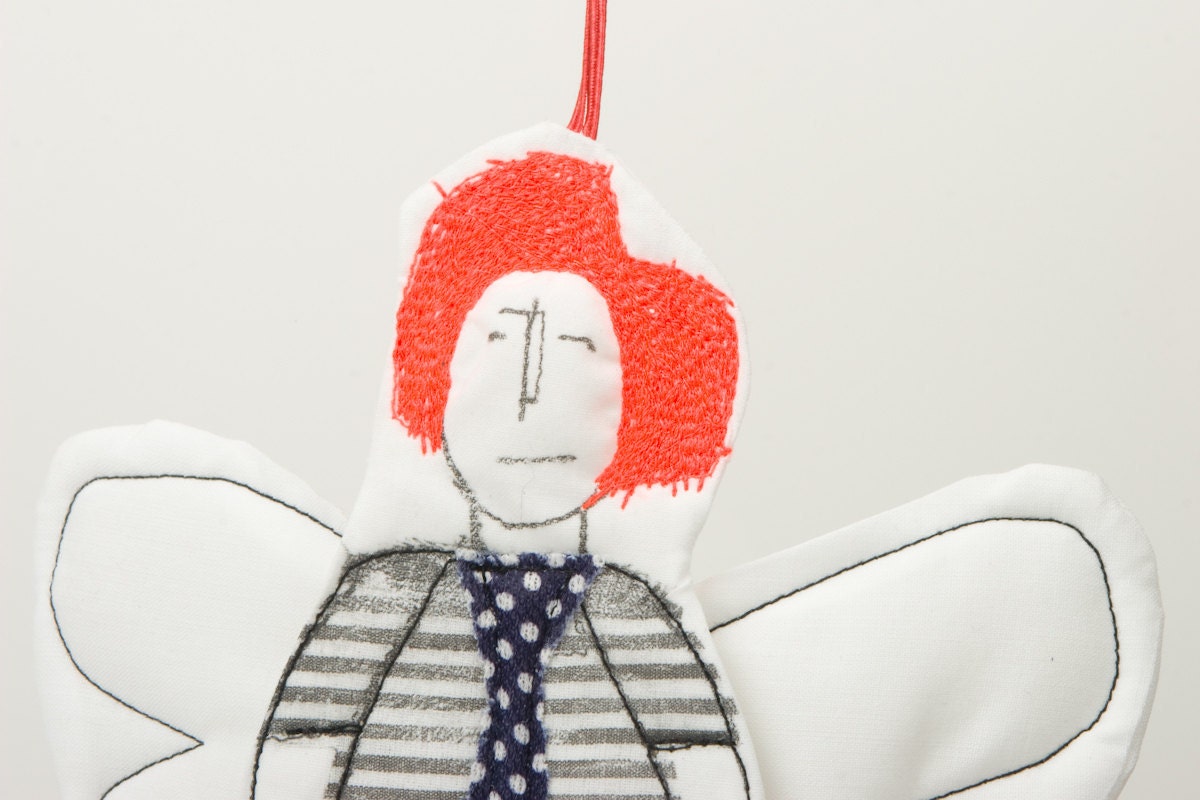 Black and white Modern Guardian Angel In neon orange hair Wearing a striped dress and a polka dot tie - handmade fabric Wall art doll