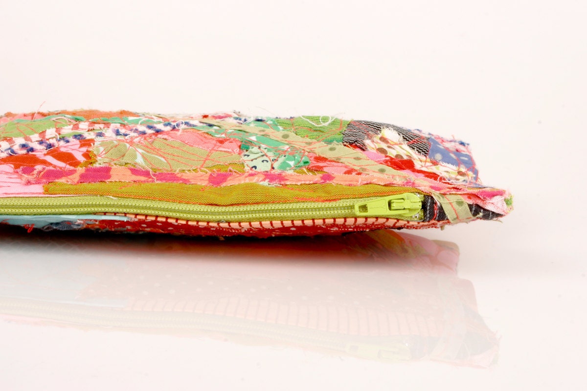 Recycled Zipper Pouch , Pencil Case- Colorful scraps from the studio With Neon green zipper- Handmade