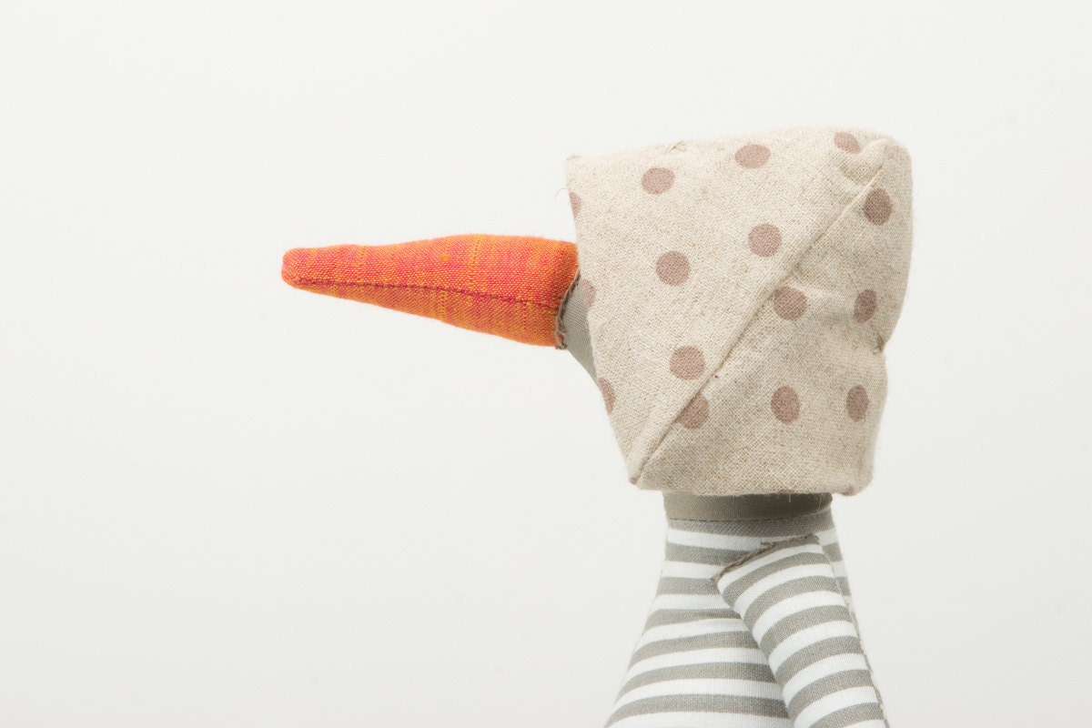 Plush Bird Doll - light Olive Duck Gray and white striped shirt ,corduroy trousers and dotted canvas hat - handmade
