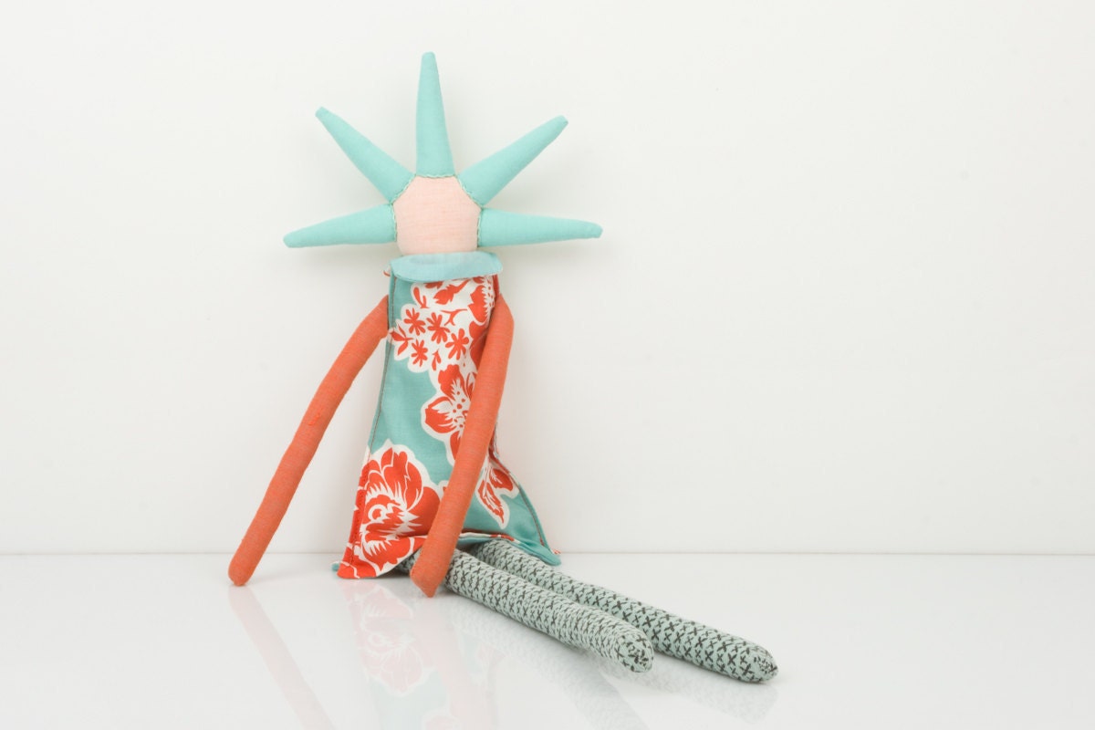 Plush - funky handmade doll With coll Haircut in Natural earth tones,Blue, turquoise, orange and red flowers