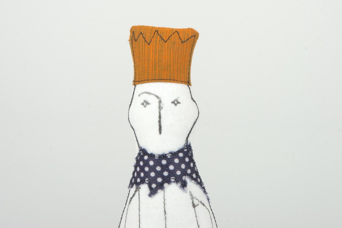 King With Yellow mustard crown Wearing Burgundy with blue dotted color and jeans - handmade fabric Friendly doll