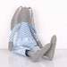 Plush Bunny - gray rabbit Wearing Checkered blue shirt and light blue Dotted pants - fabric handmade doll