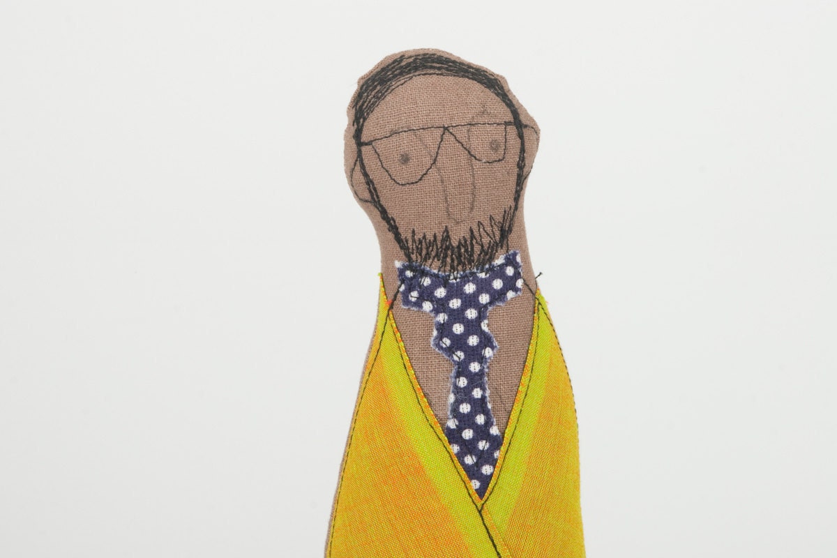 African Man - guy with glasses And beard wearing Yellow mustard jacket Blue corduroy pants and dotted tie - handmade