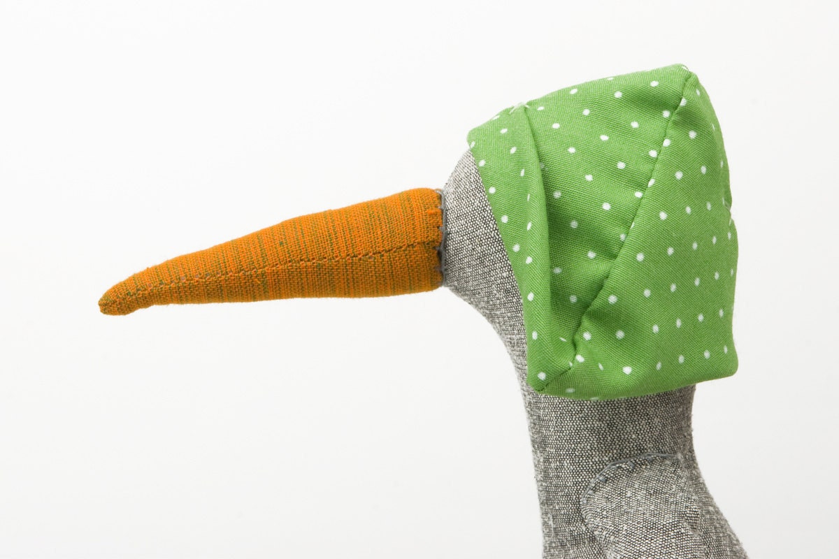 Gray Bird, duck or maybe a penguin... in Dotted green, Golden orange beak and gray jeans - handmade fabric doll