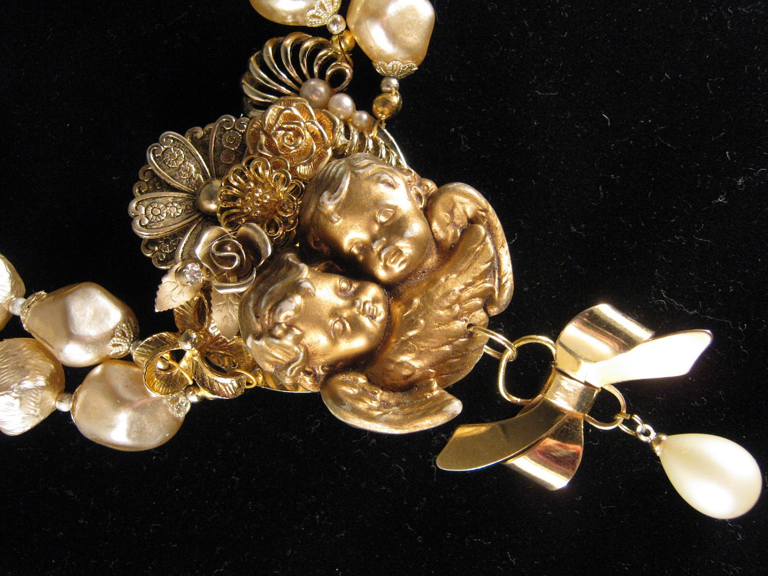 Statement Necklace, Reclaimed Vintage Necklace, Flower Power, Angel, Cupid, Bridal Jewelry, REDuCED, SALE - The Guardian Angels