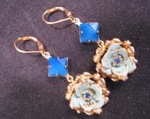Reclaimed Vintage Earrings, Bridesmaid Gift, Statement Earrings, Vintage Enamel Flowers, Sapphire Blue, Turquoise - Blue Rose