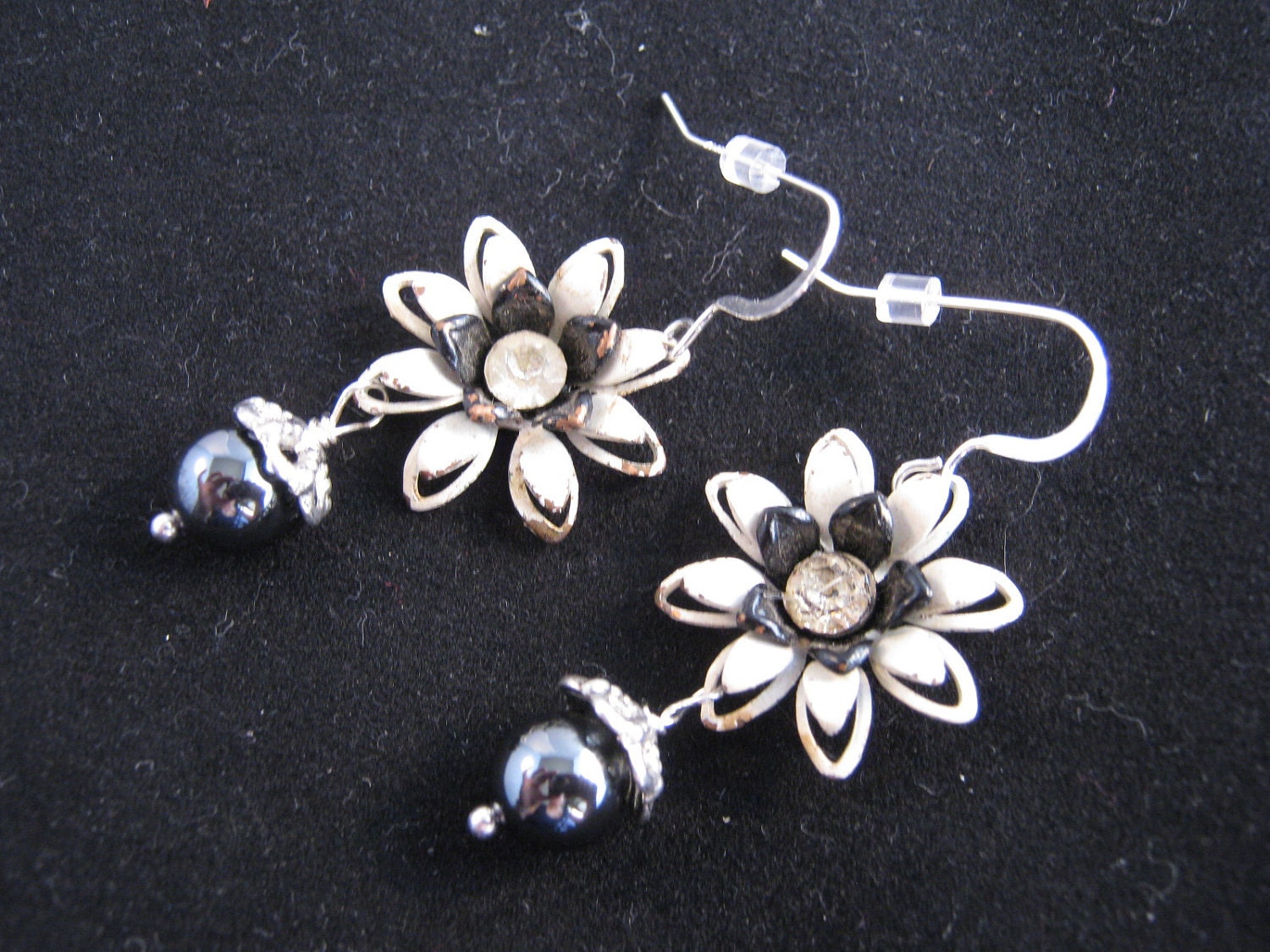 Reclaimed Vintage Earrings, Enamel Earrings, Charm Earrings, Flower Power, Hematite Beads, Under 20 - Serenity