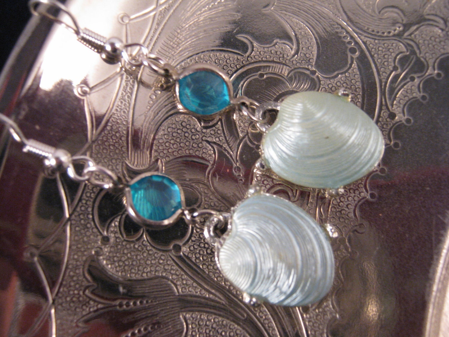 Reclaimed Vintage Earrings, Repurposed Vintage Glass and Seashell Earrings, Statement Assemblage - By the Beautiful Sea