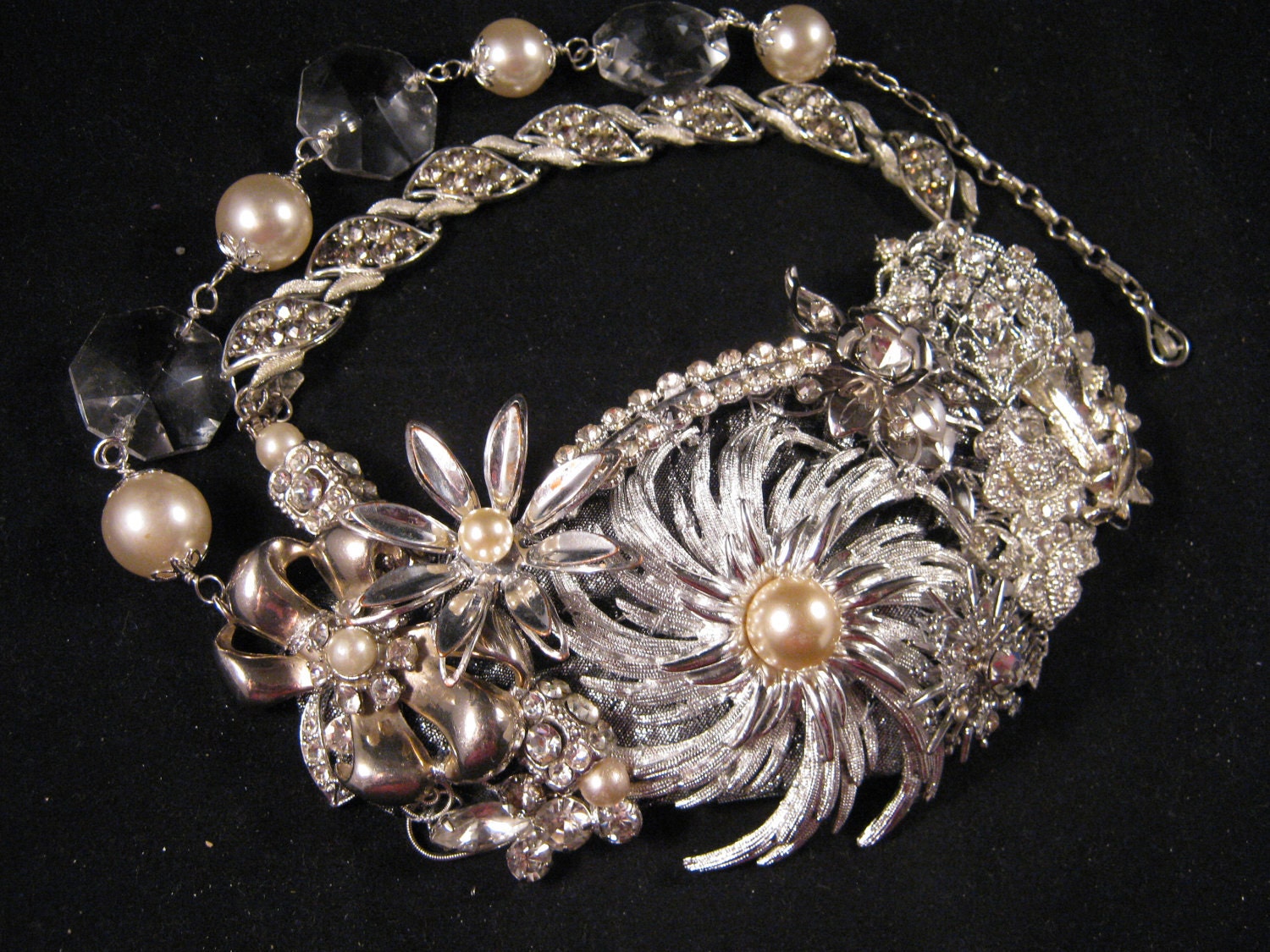Statement Necklace, Bridal Necklace, Upcycled, Vintage Brooch, Silver, Wedding Necklace, Rhinestones, Pearls, Crystal, Bib - Brilliance