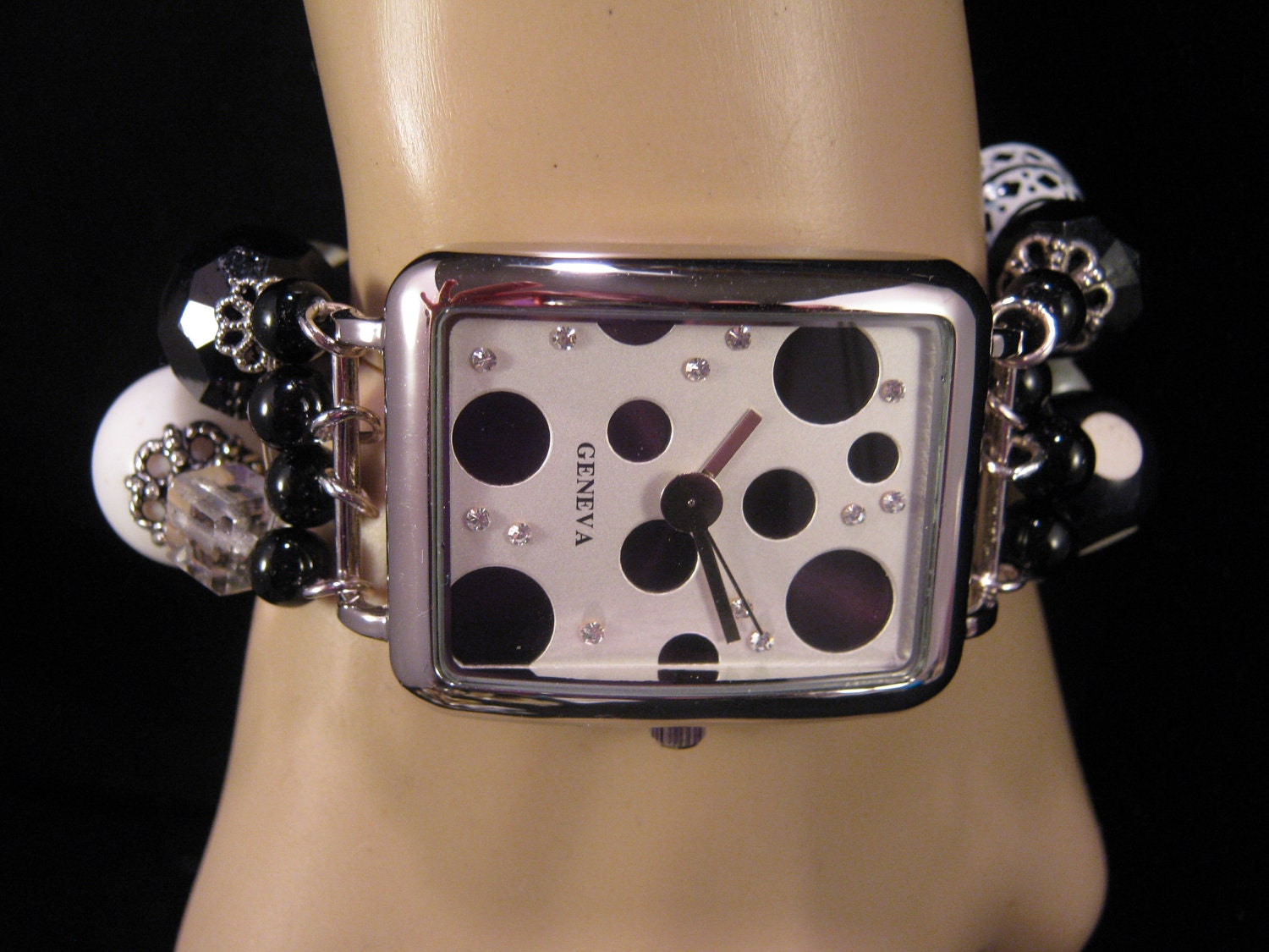 Statement Watch, Handmade Black and White Dotted Watch, Beaded Bracelet Watch - Night Life