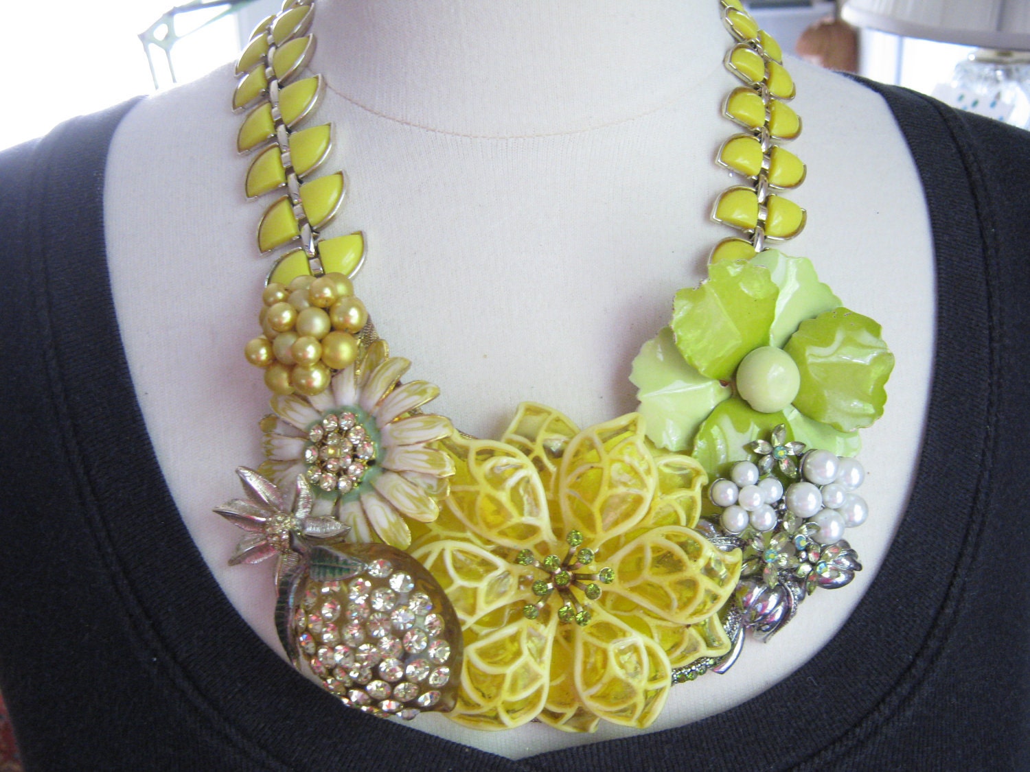 Statement Necklace, Vintage Necklace, Vintage Enamel Flower Bib, Rhinestones, Sparkle, Glamour - Luscious Lemon