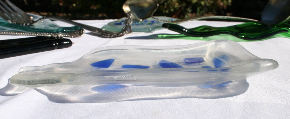 recycled flask bottle with blue glass accents spoon rest