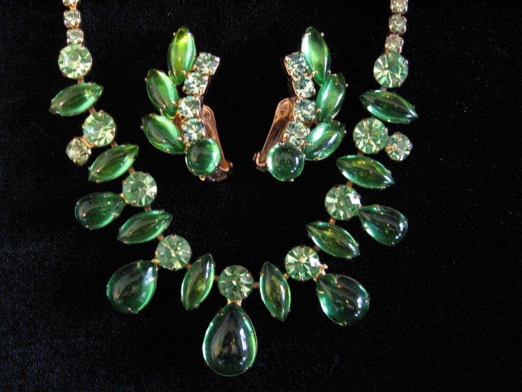 SALE 15% Off Vintage WEISS Green Glass Cabochon Necklace and Cuff Earrings Demi Parure
