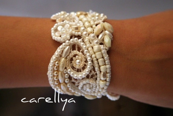Vintage Lace Bridal CUFF Beaded Hand Embroidered Bracelet DAFNA