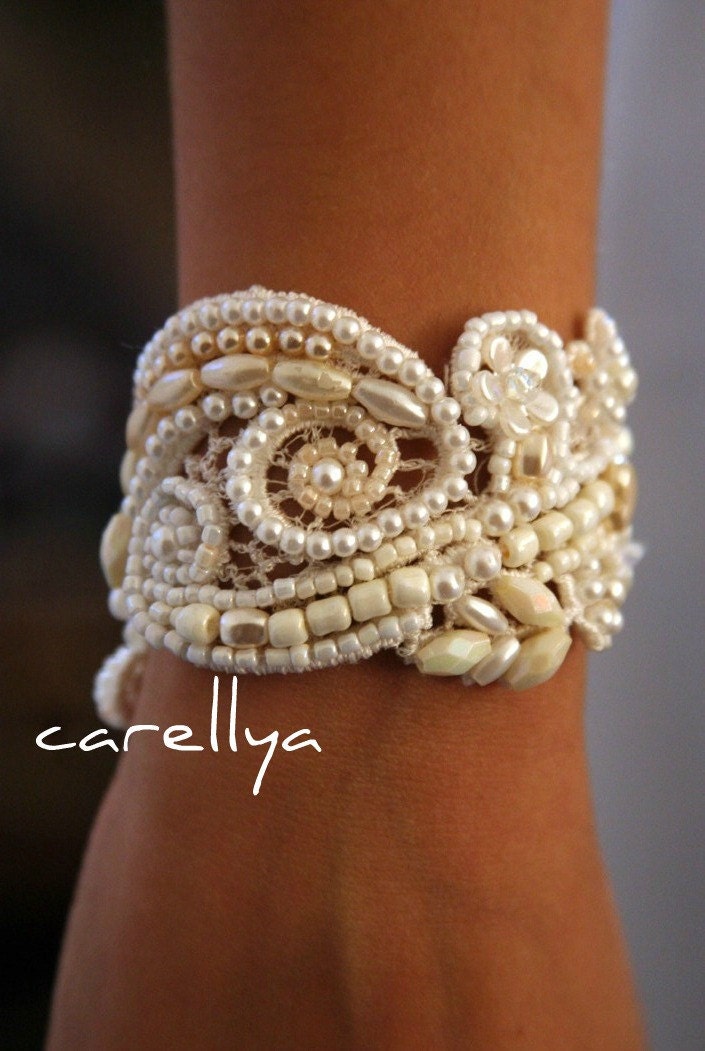 Vintage Lace Bridal CUFF Beaded Hand Embroidered Bracelet DAFNA