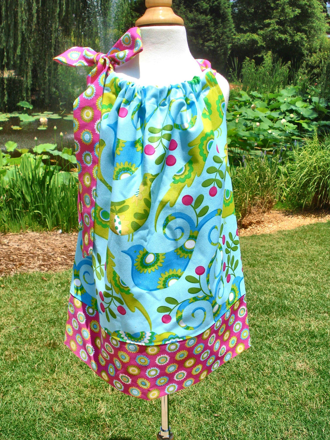 Girls pillowcase dress Pretty Bird collection in aqua sizes 6 months or 12 month left by Baby Harrill LAST ONE