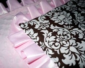 Brown & Pink Damask Minky Binky with satin ruffle - customize size and colors