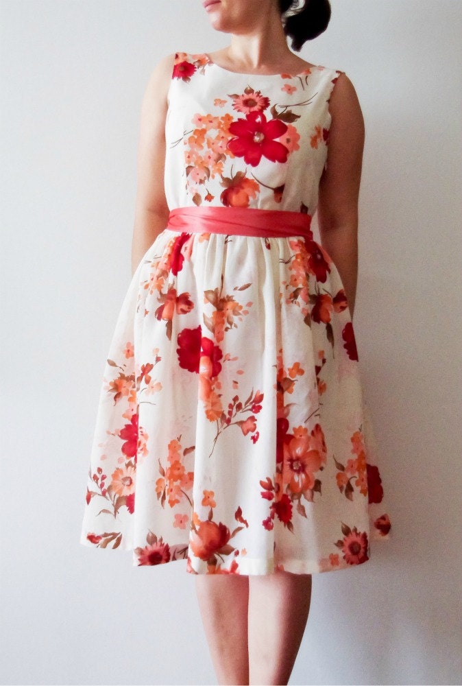 Vintage inspired tea dress - red magnolia dress bridesmaid dress - last one