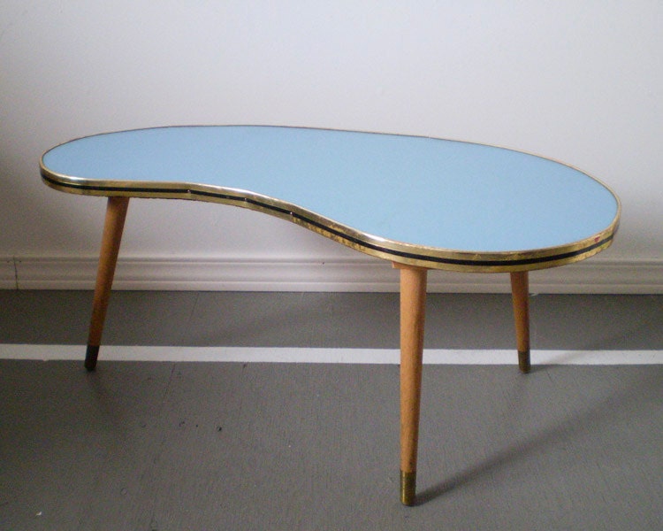 Vintage Mid Century Plant Stand / Tripod End Table - Modern Googie Atomic Boomerang, Blue with Pencil Legs