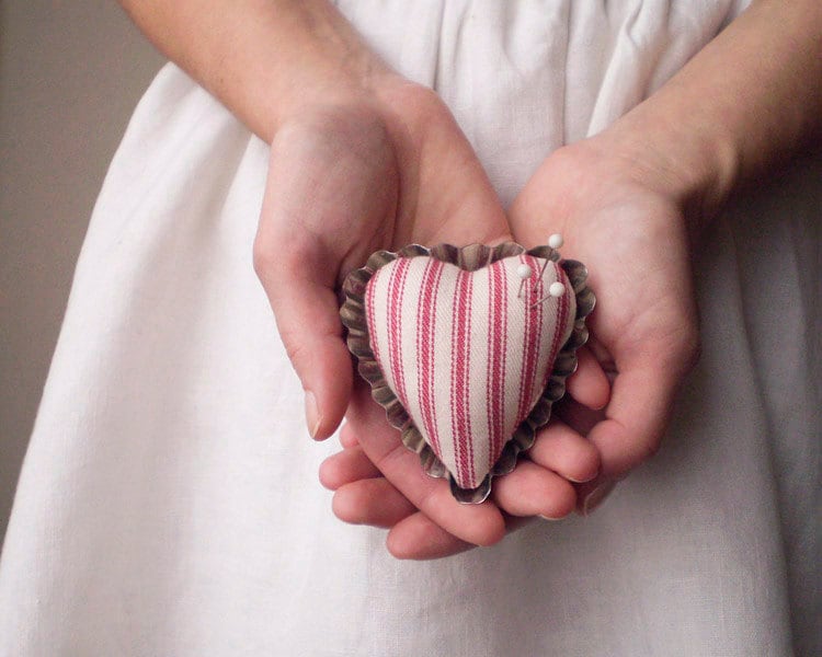 Petite Heart Pincushion - Rustic Red Ticking and Vintage Swedish Tartlet Tin - smilemercantile
