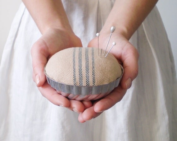 Jello Mold Pincushion - Rustic Cotton Blue Stripe