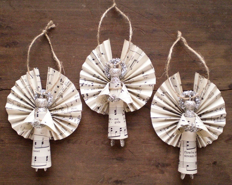 Clothespin Angels - Handmade Ornaments made with Vintage Sheet Music - Set of 3