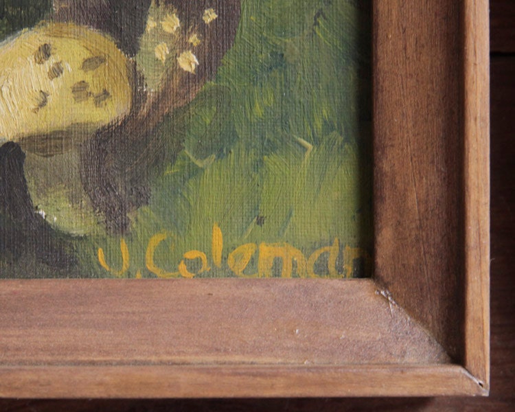 Vintage Paintings - Pair of Miniature Mushroom Still Life Paintings in Wood Frames