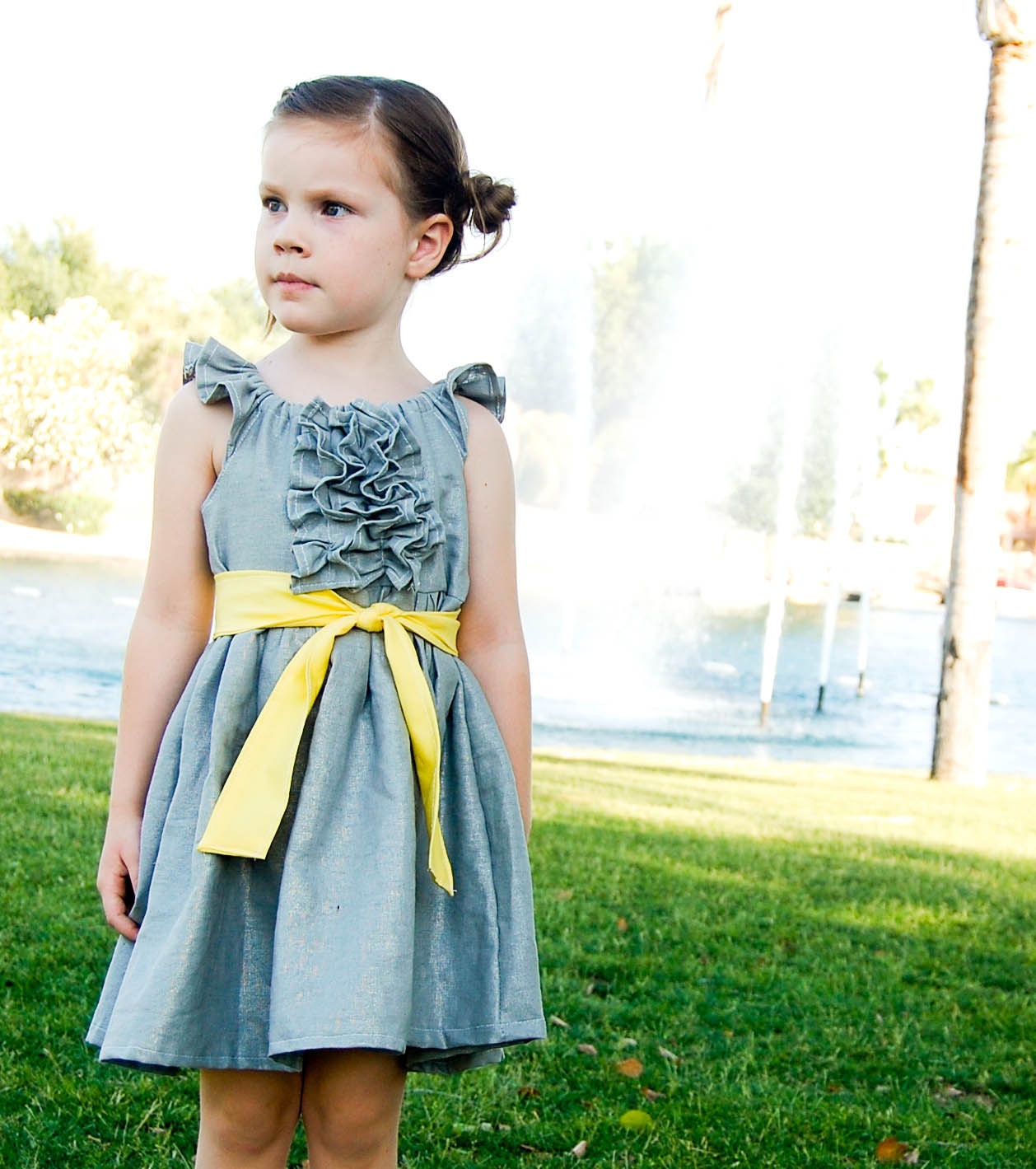 Girls Flutter Sleeve Dress in Light Gray Linen with Lemon Yellow Sash  9-12 mo-6T