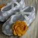 Baby Girl Shoes in Gray/White Polkadot Cotton and Mustard Yellow Felt Flower
