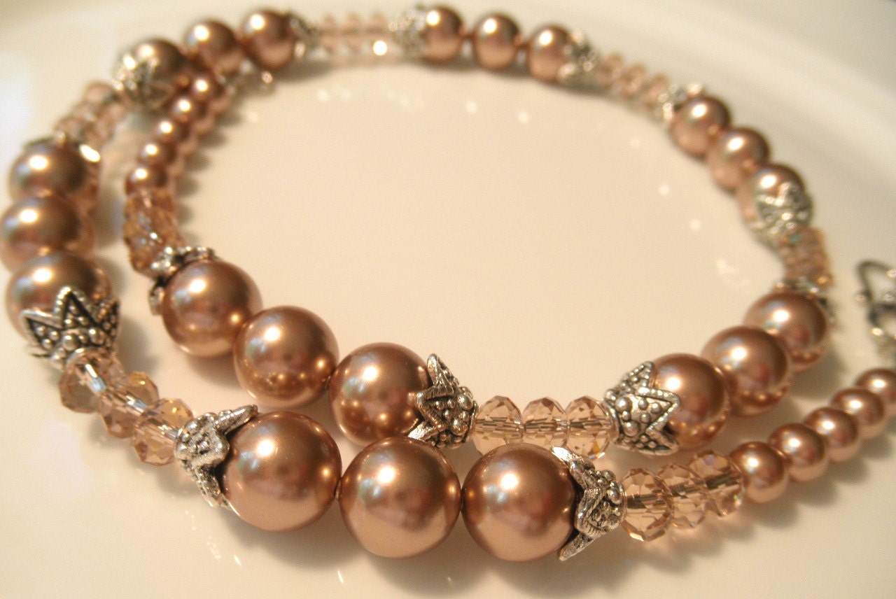 Bronze Swarovski Pearl Necklace with Faceted Topaz Crystal Rondelles - Rustic - Brown Jewelry - Autumn Fall Wedding