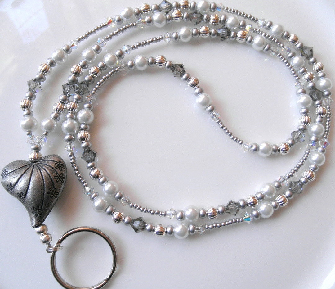 Silver Heart Badge Lanyard ID Holder with Swarovski Crystals - Antique silver jewelry - Keychain - Heart lanyard - Beaded badge lanyards