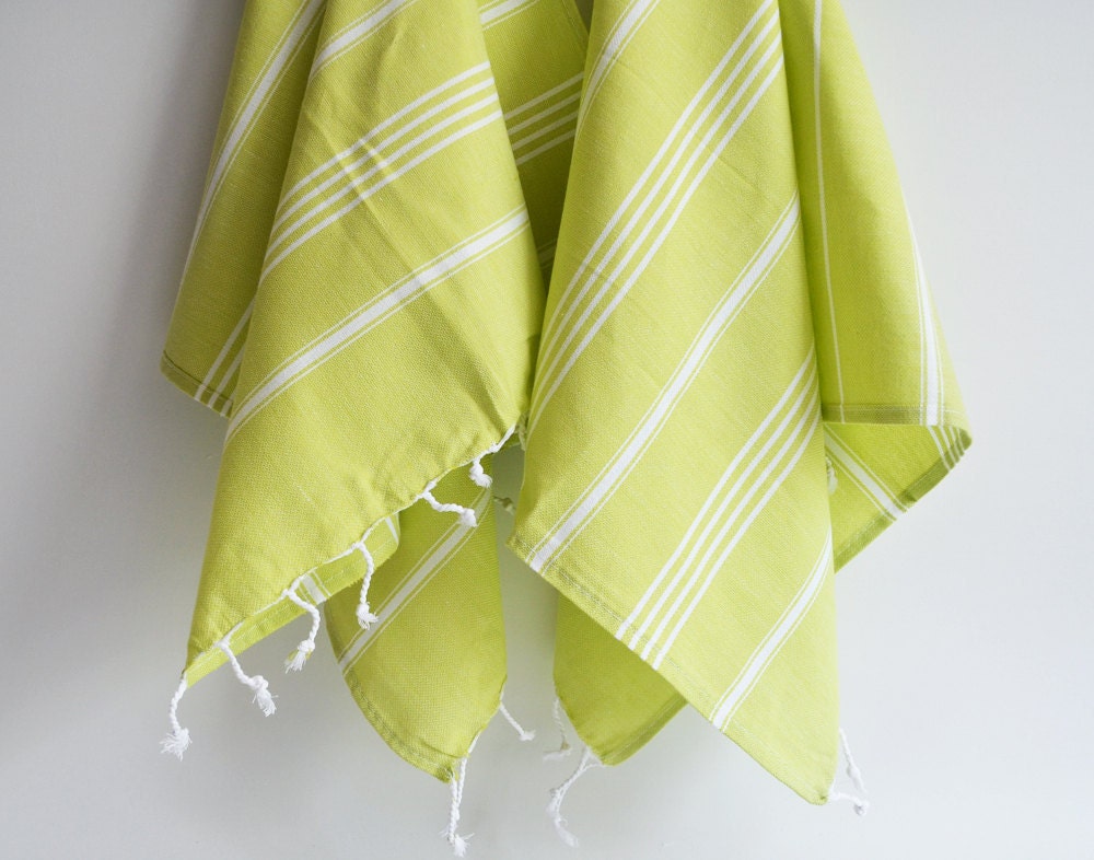 SET 2 Head and Hand Towel Peshkir - Green No:1 (white striped)