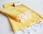 SET 2 Head and Hand Towel Peshkir - Yellow (white striped)