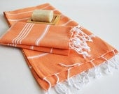 SET 2 Head and Hand Towel Peshkir - Orange (white striped)