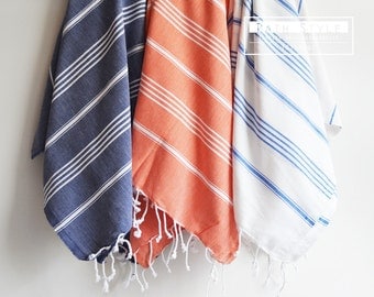 Turkish BATH Towel - Classic Peshtemal - White (blue striped)
