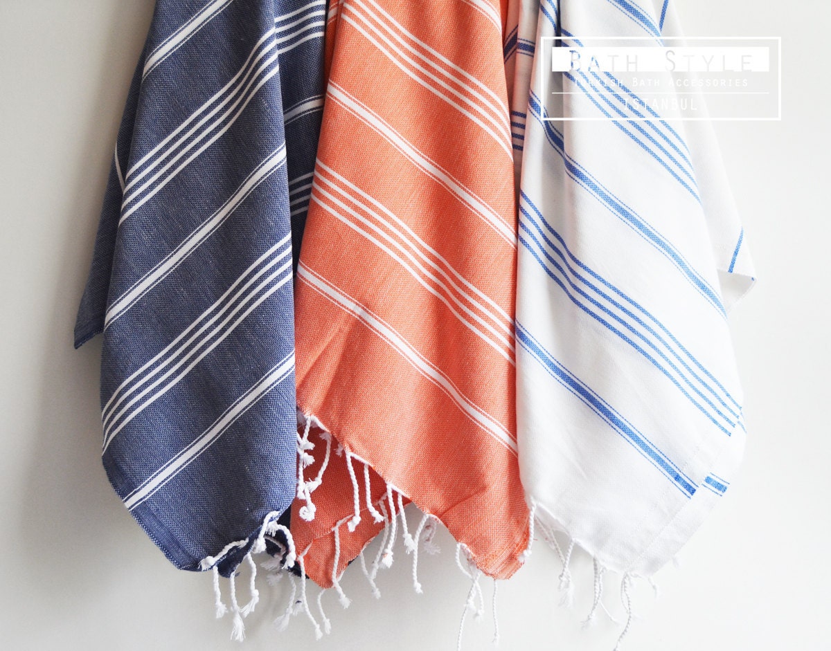 Turkish BATH Towel - Classic Peshtemal - White (blue striped)