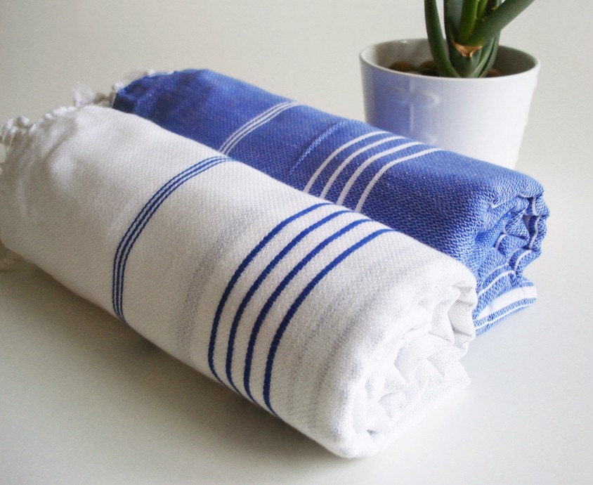 SET 2 Piece Turkish BATH Towel - Classic Peshtemal - Blue and White (blue striped)