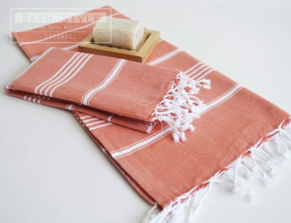 SET 2 Head and Hand Towel Peshkir - Dirty Orange (white striped)