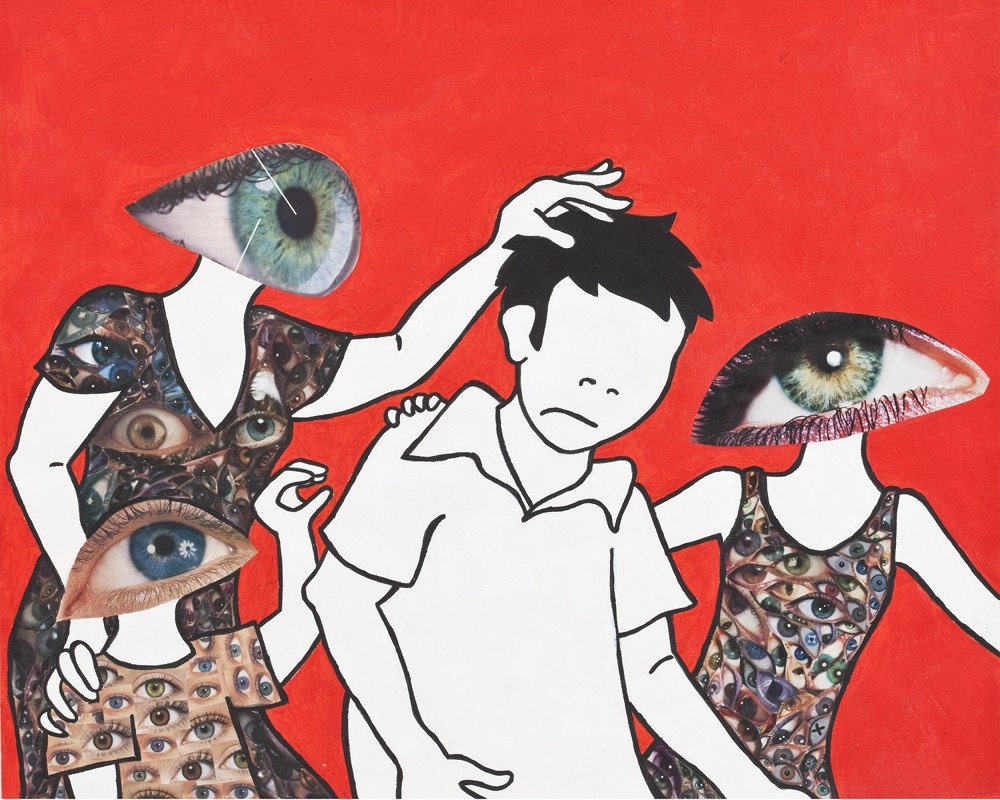 Tourists 8x10 Mixed Media Collage Art Print in Tangerine Tango, 2012 Color of the Year