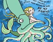 Mermaid Squid Friendship Art Print, Mixed Media Illustration, Sea Creatures, Childrens or Nursery Art