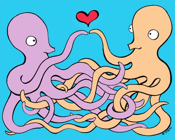 Octopus Art Print, Cephalopod Couple, Love, 8x10, Reproduction of Illustration by Eliza Stein, For Valentines Day