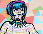 Geometric Art Nude Woman, Colorful Neon Triangles, US Letter Size Print