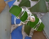 Sea Green Seaglass Ring - green seaglass, pearl and silver wire wrapped ring - size 7-8