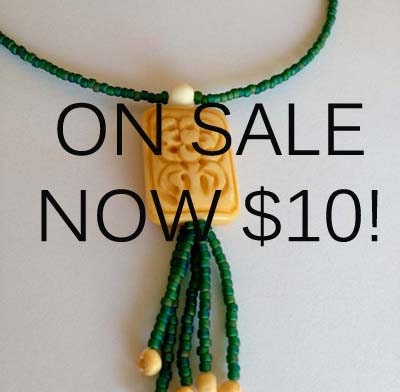 ON SALE - Green Beaded Necklace With Rectangular Carved Bone Flower Bead With Beaded Fringe