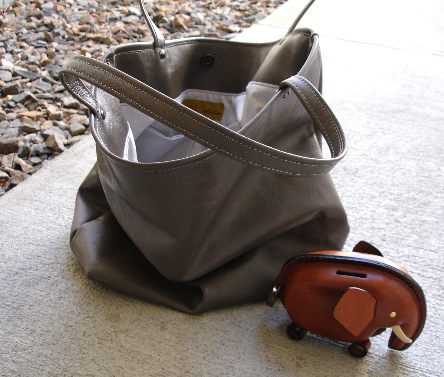 Large Cement Grey gray waxed Leather Tote Bag
