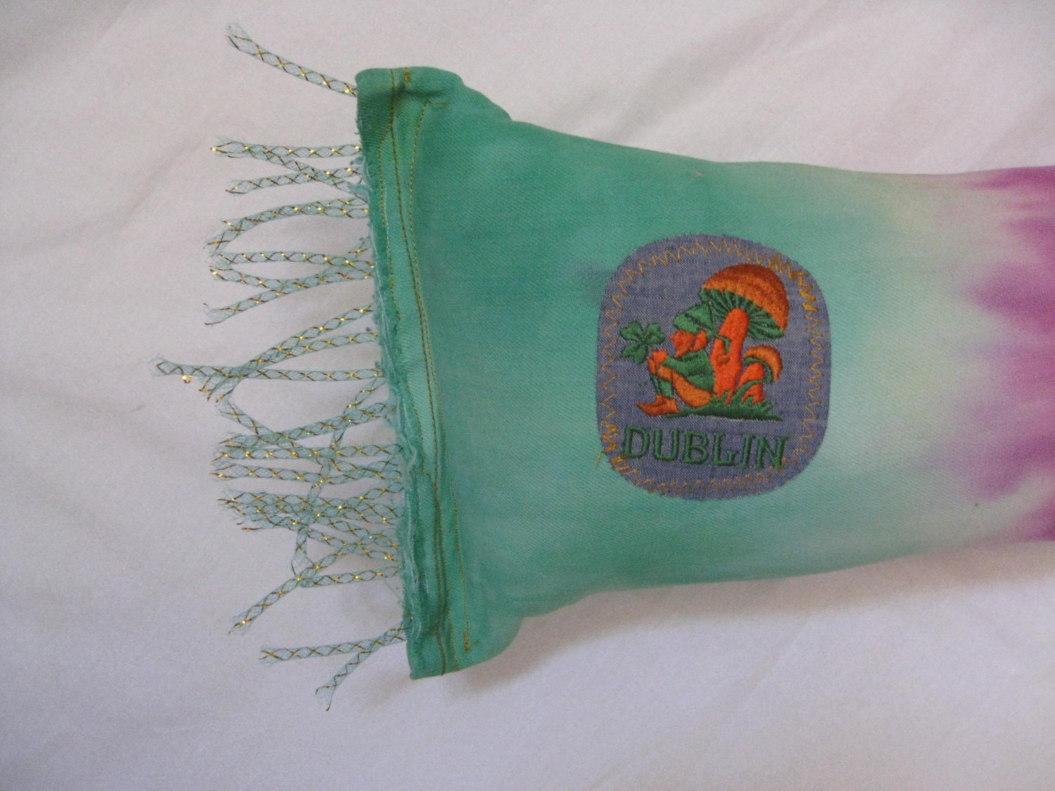 Upcycled blue jean tie dyed Pillow with vintage patch green purple OOAK
