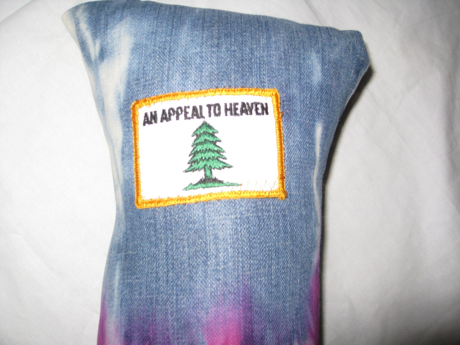 Upcycled blue jean tie dyed Pillow with vintage patch green purple OOAK
